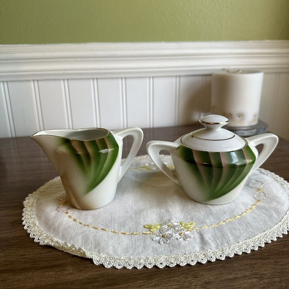 Shinwa China Made In Japan Creamer And Sugar Bowl Set  Green And Brown Airbrush